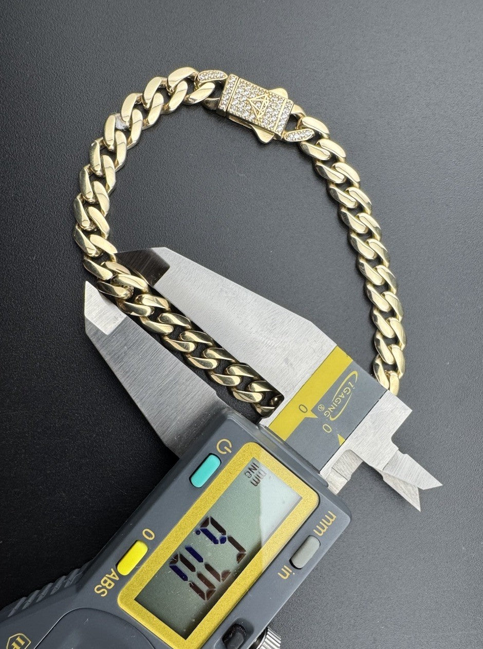 Pulsera cubana de oro de 14K Miami 7.5in 6.70mm 9.6G con emblema de circonita cúbica, cierre de seguridad con pulsador
