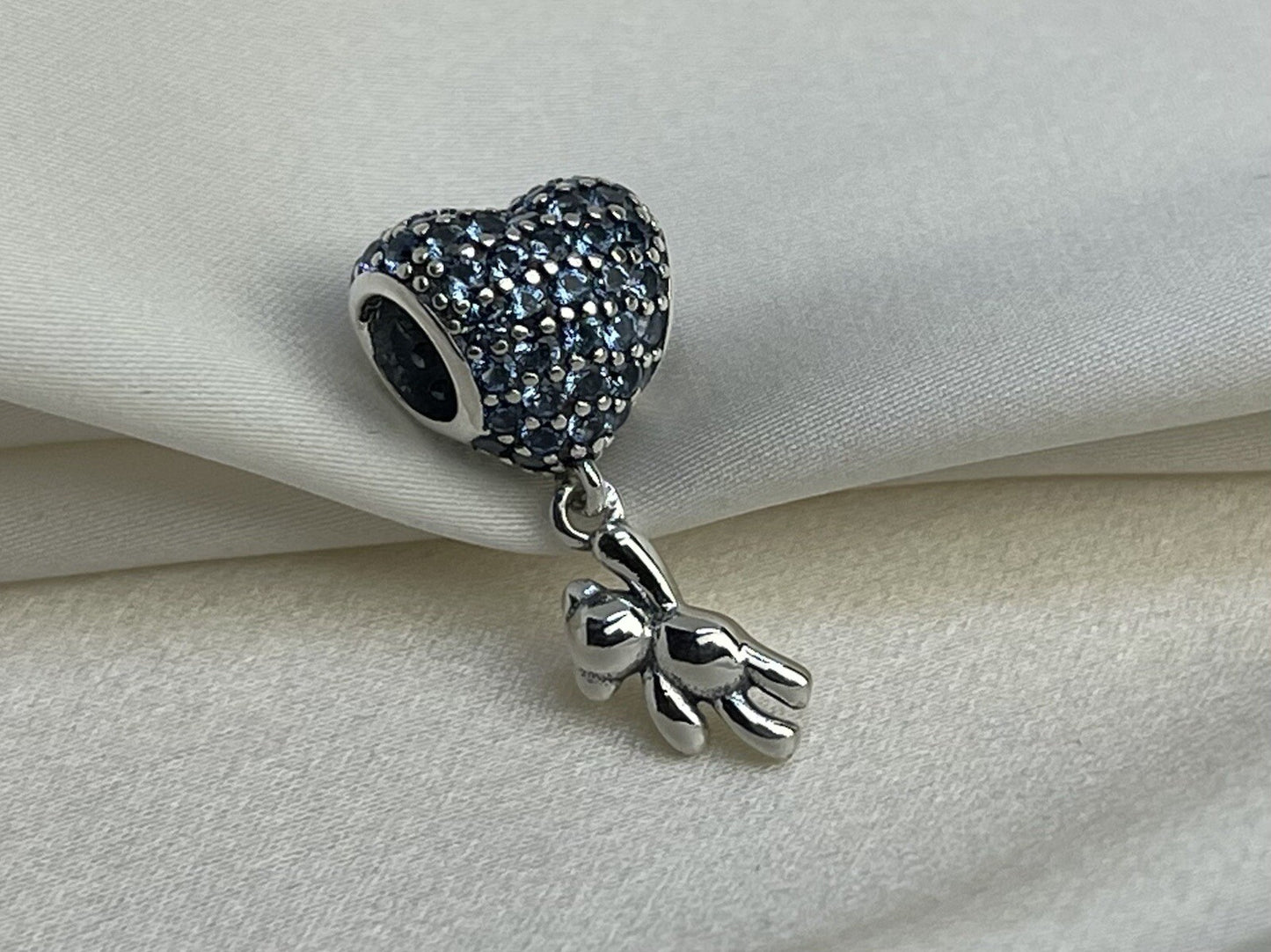Sterling Silver 925 Blue CZ Love Heart Balloon & Dangling Bear Pendant Necklace