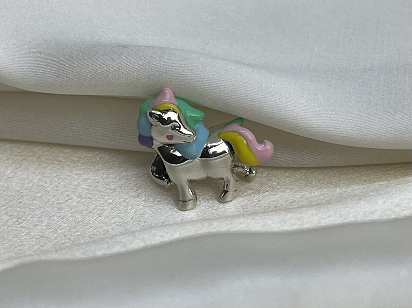 Sterling Silver 925 Enamel Rainbow Cotton Candy Unicorn Horse Pony Heart Charm
