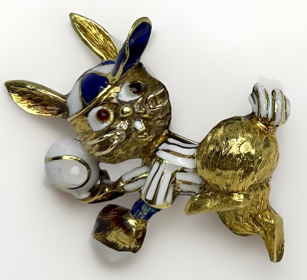 Martine Vintage 18k Gold Enamel Rabbit Baseball Pin XL Brooch 30.3 Grams 53x41mm