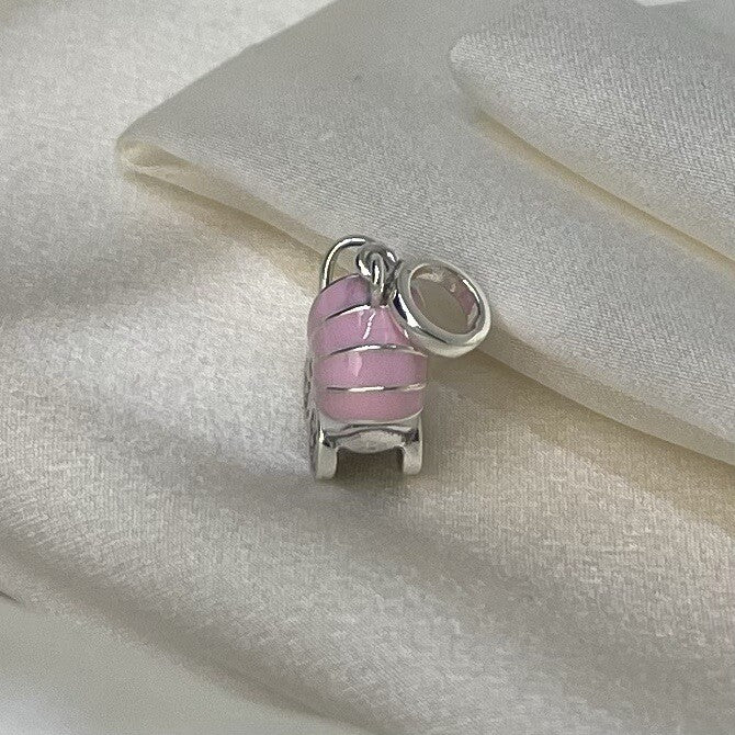 Sterling Silver 925 Cute Enamel Pink & White Baby Carriage Dangle Charm