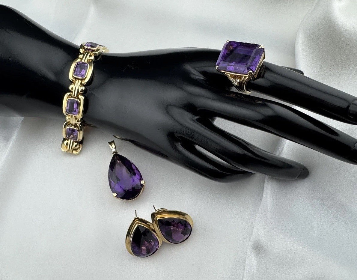 14K Yellow Gold 4 Piece Jewelry Set Bracelet Ring Pendant Earring 70.5G Purple