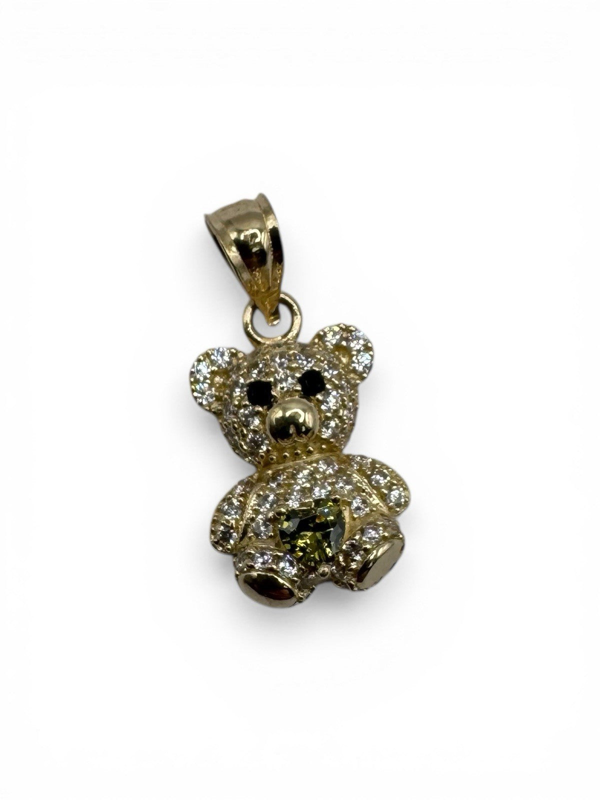 14K Gold Teddy Bear Pendant Green Sim Diamond 19.19x9.92mm 1.3G Beltran Jewelry