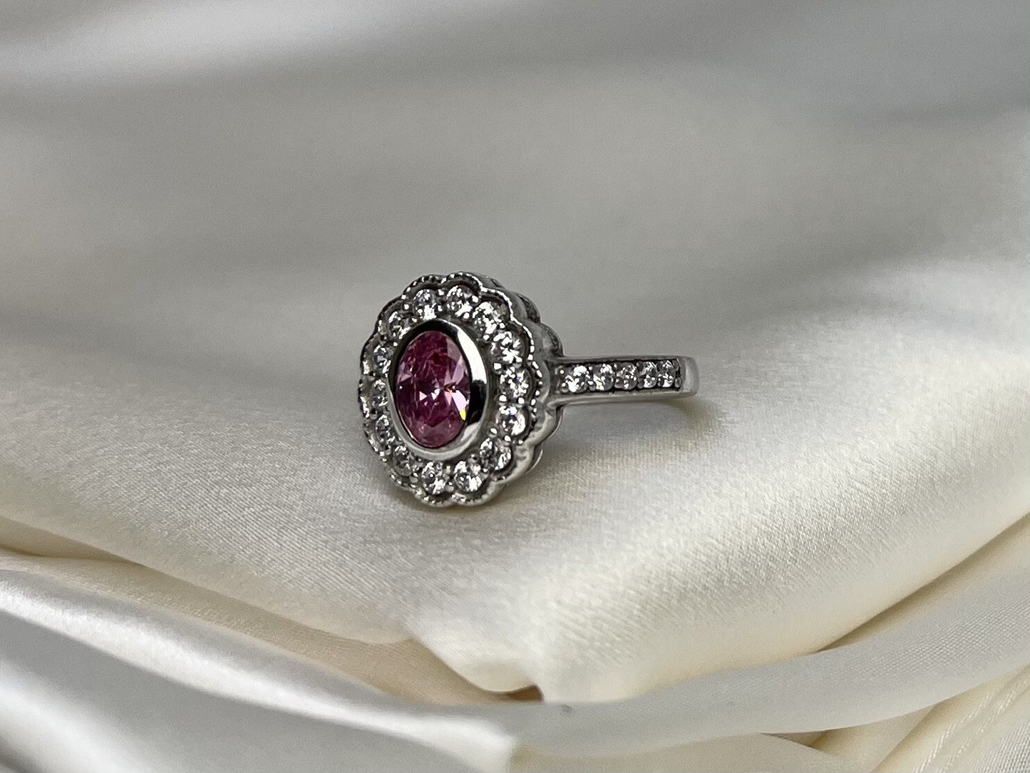 Flower Rose Quartz Cubic Zirconia Ring Rhodium Plated Sterling Silver 925