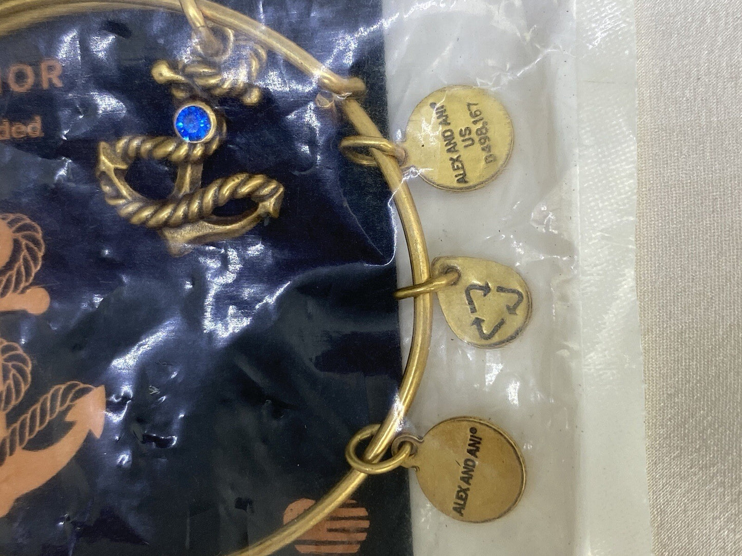 Alex and Ani Rafaelian Gold Anchor Charm Bracelet Blue Swarovski Crystal
