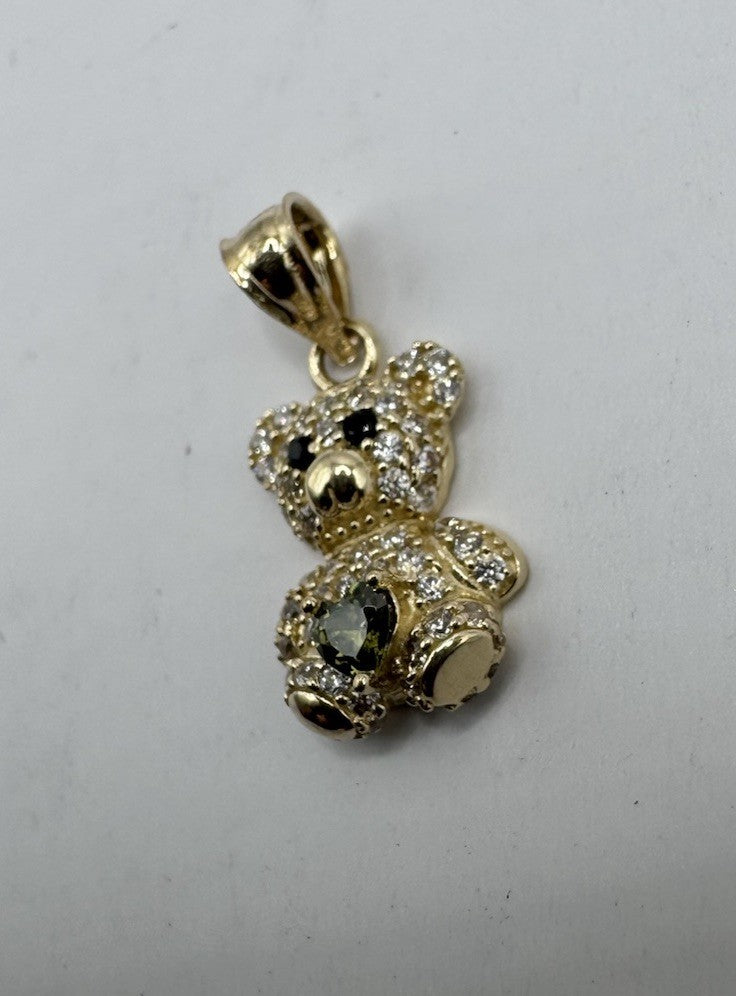 14K Gold Teddy Bear Pendant Green Sim Diamond 19.19x9.92mm 1.3G Beltran Jewelry