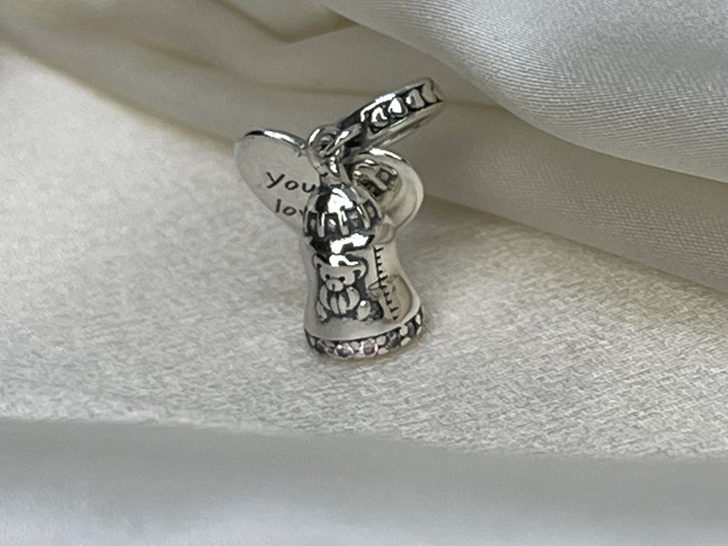 Sterling Silver 925 Baby Foot Bear Bottle You Are Loved Heart Charm Pink Pavé CZ