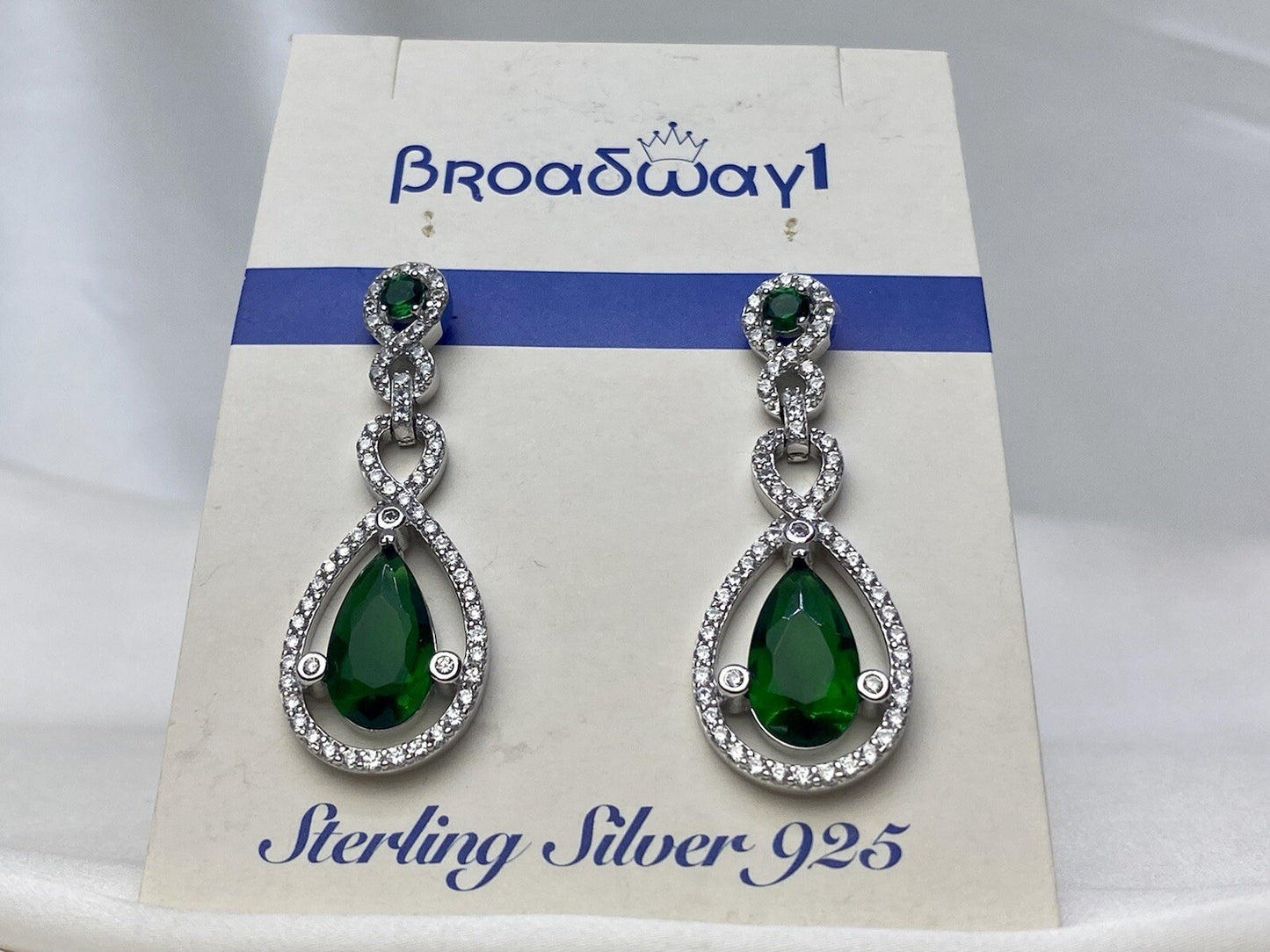 Broadway 1 Sterling Silver 925 16x43mm Green Drop Dangle Earrings Cubic Zirconia