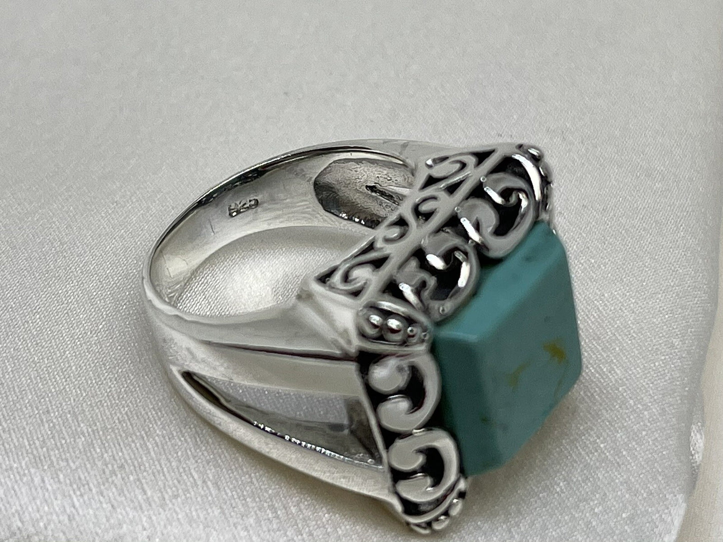 Turquoise Square 18x18mm Sterling Silver 925 Hand Crafted Scroll Ring Sz 7