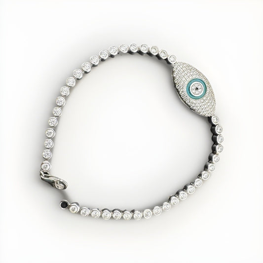 Pulsera de plata 925 con ojo turco de 7.5in, 12mm, 10 gramos, cristal esmaltado, estilo tenis