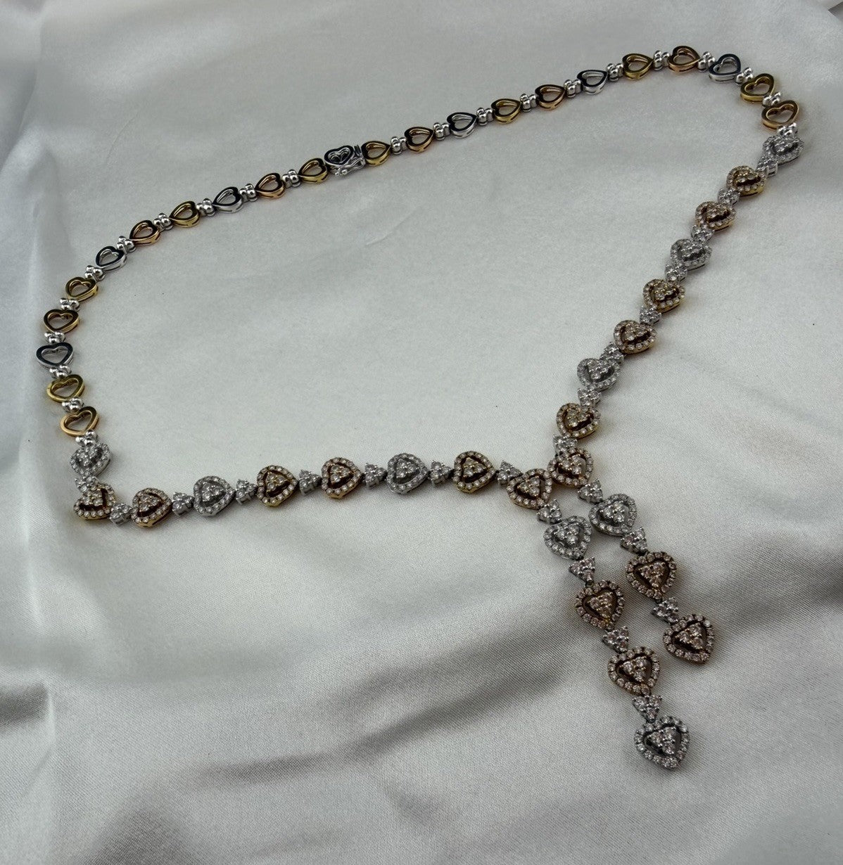 14K Yellow Gold Tri-Tone Heart Necklace Pave Stones 32G 17.25” 8mm Chain