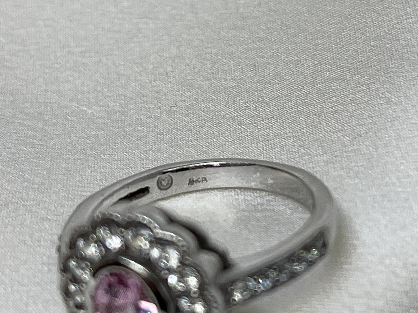 Flower Rose Quartz Cubic Zirconia Ring Rhodium Plated Sterling Silver 925