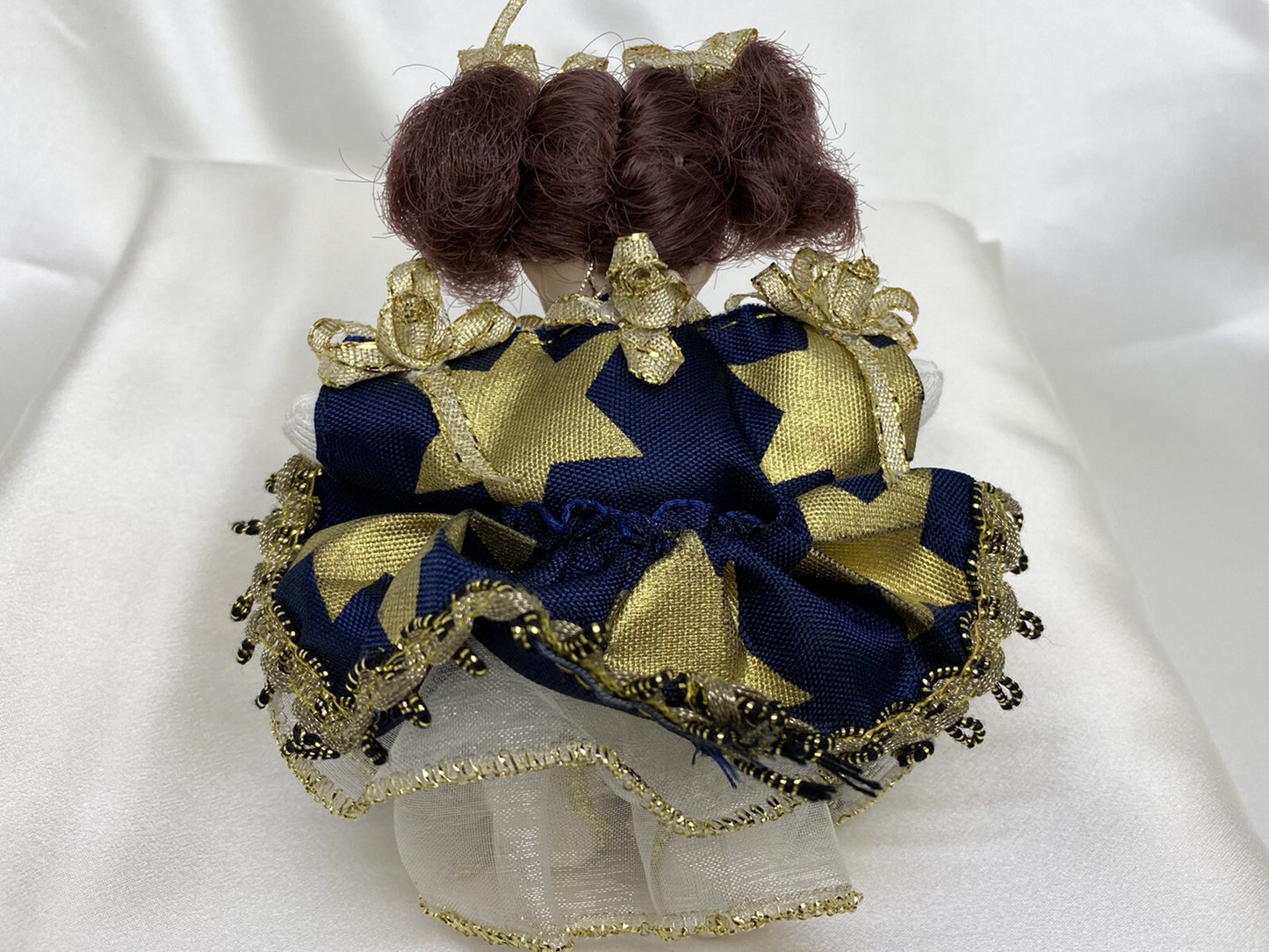 Vintage Porcelain Plush Girl Doll 4 Inch with Butterfly Crystal Pin Brooch