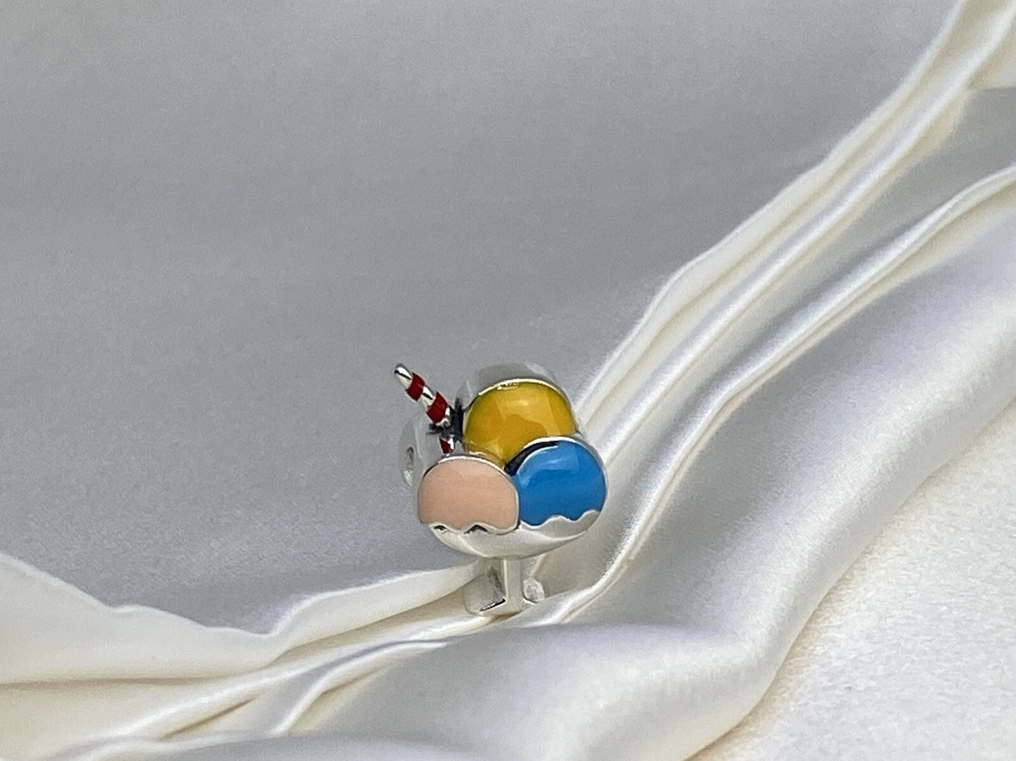 Sterling Silver 925 Eurpean Pink Yellow Blue Enamel Ice Cream Sundae Pendant