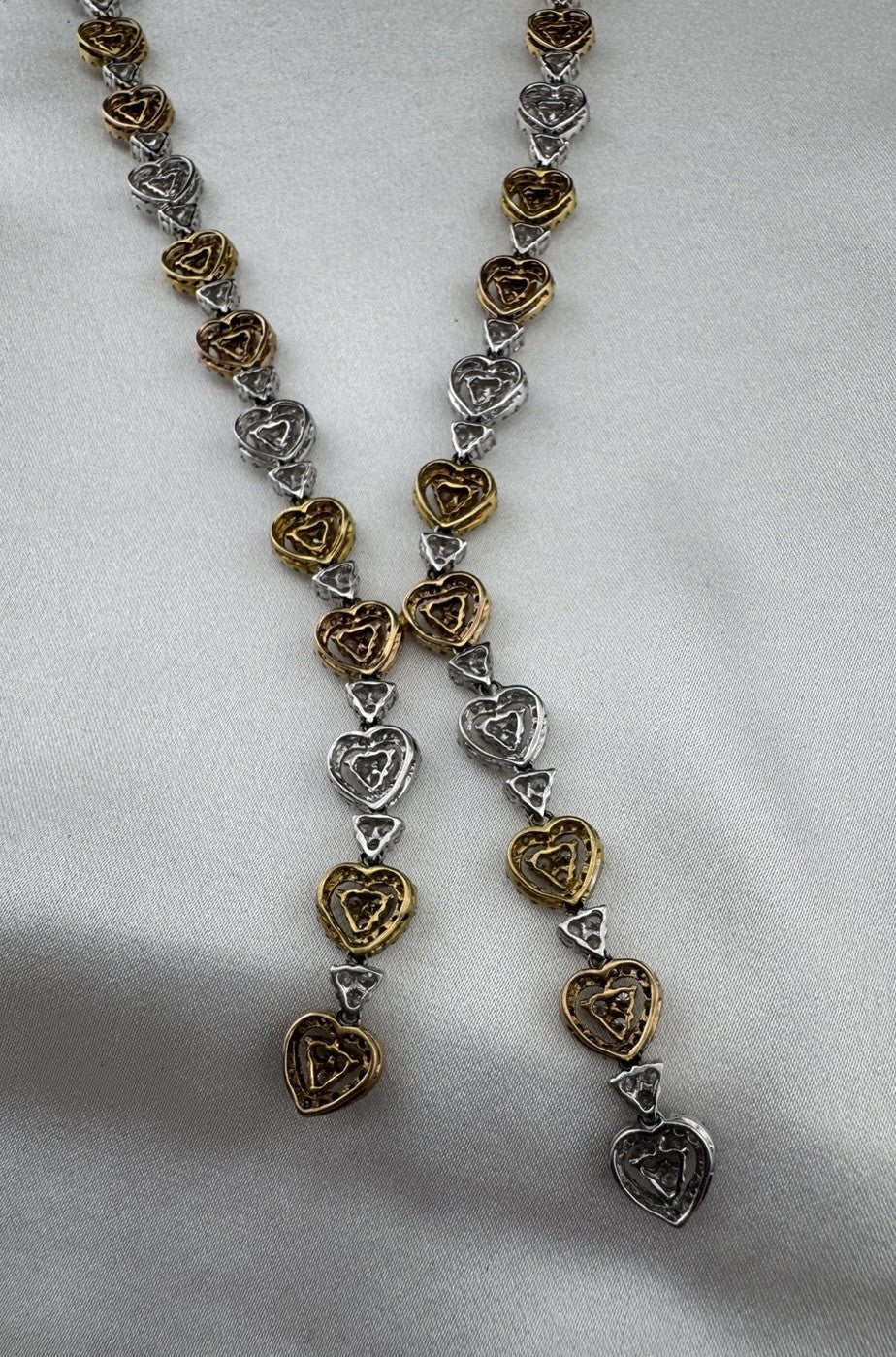 14K Yellow Gold Tri-Tone Heart Necklace Pave Stones 32G 17.25” 8mm Chain