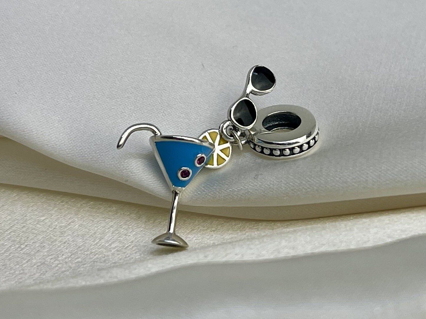 Sterling Silver 925 Summer Cold Drink CZ Stone Enamel Sunglasses Lemon Necklace