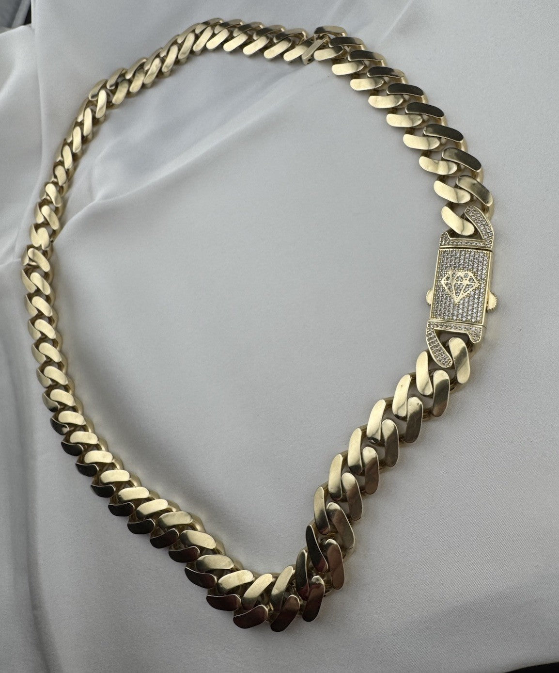 14K Yellow Gold Miami Cuban Link Chain Necklace 14.7mm 24.5 76.4 Gram Semi-Solid