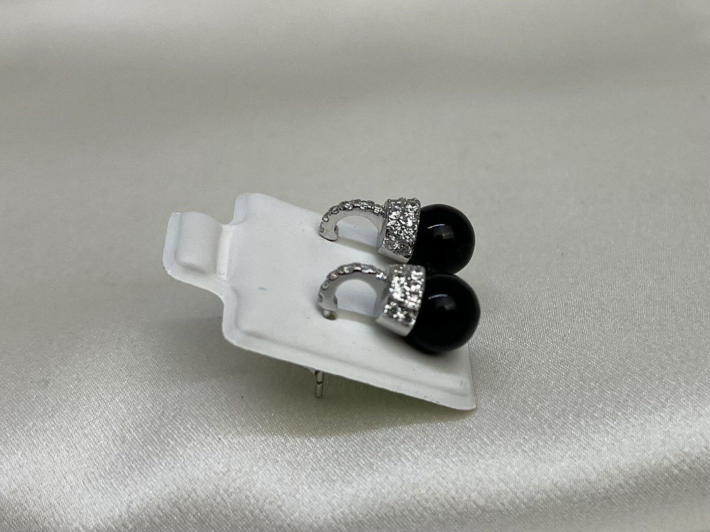 New Sterling Silver 925 7x15mm Black Onyx Dangle Earrings with Cubic Zirconia