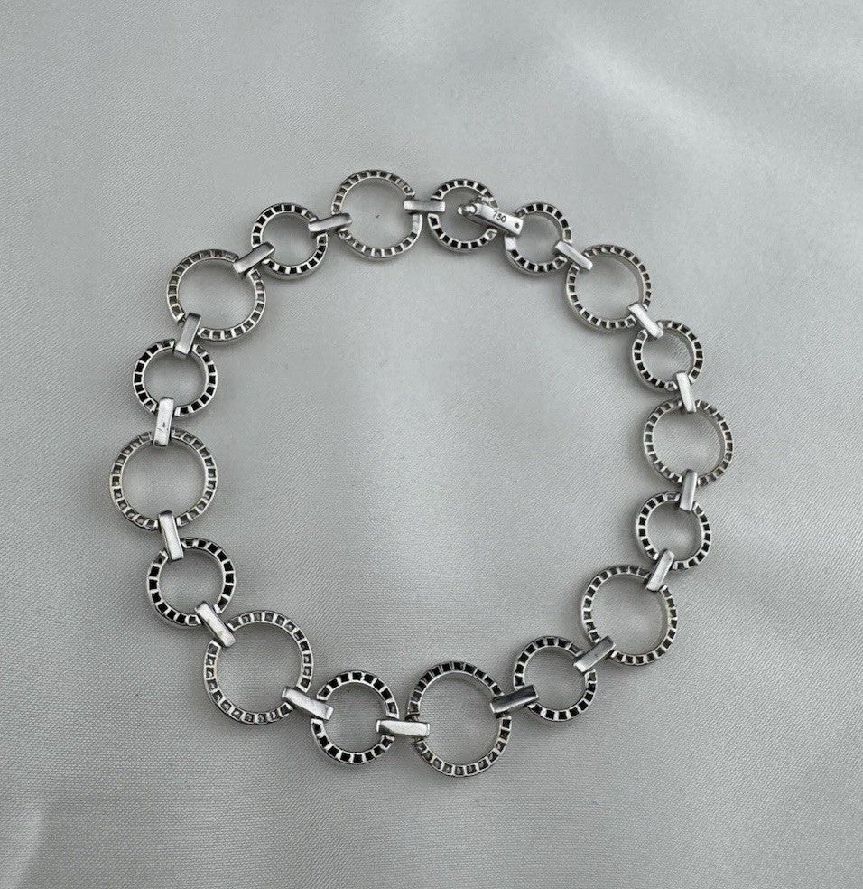 18K White Gold Black & White Diamond Circle Link Tennis Bracelet 10mm 11G Sz 6.7