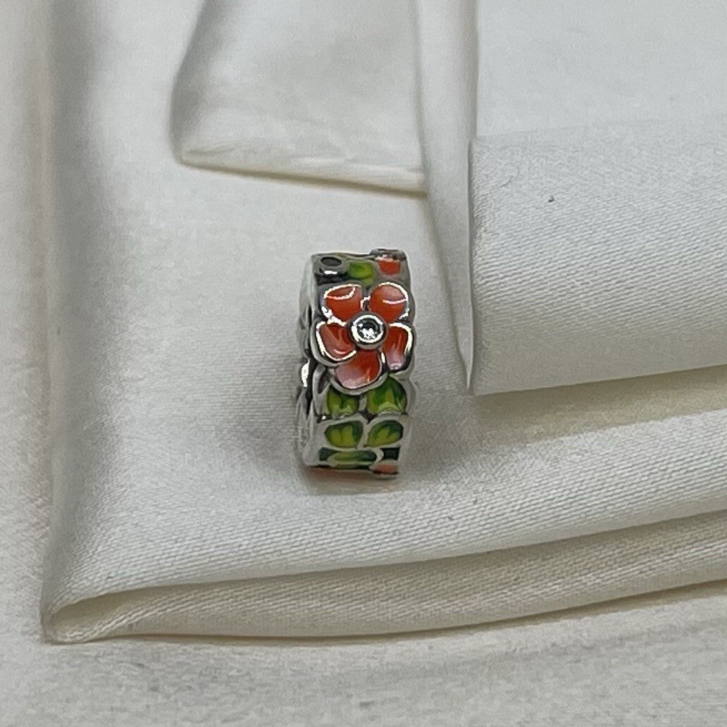 Sterling Silver 925 Enamel Pink Flower Plant with Cubic Zirconia Charm