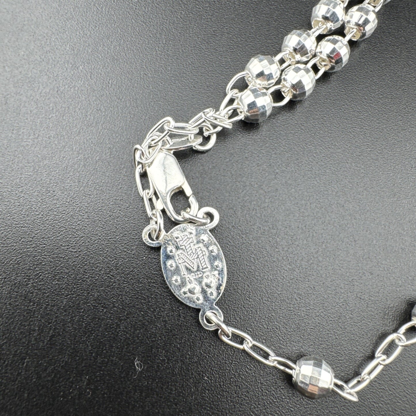 Sterling Silver 925 Rosary Necklace with Mother Mary & Jesus Cross, 24in, 20g