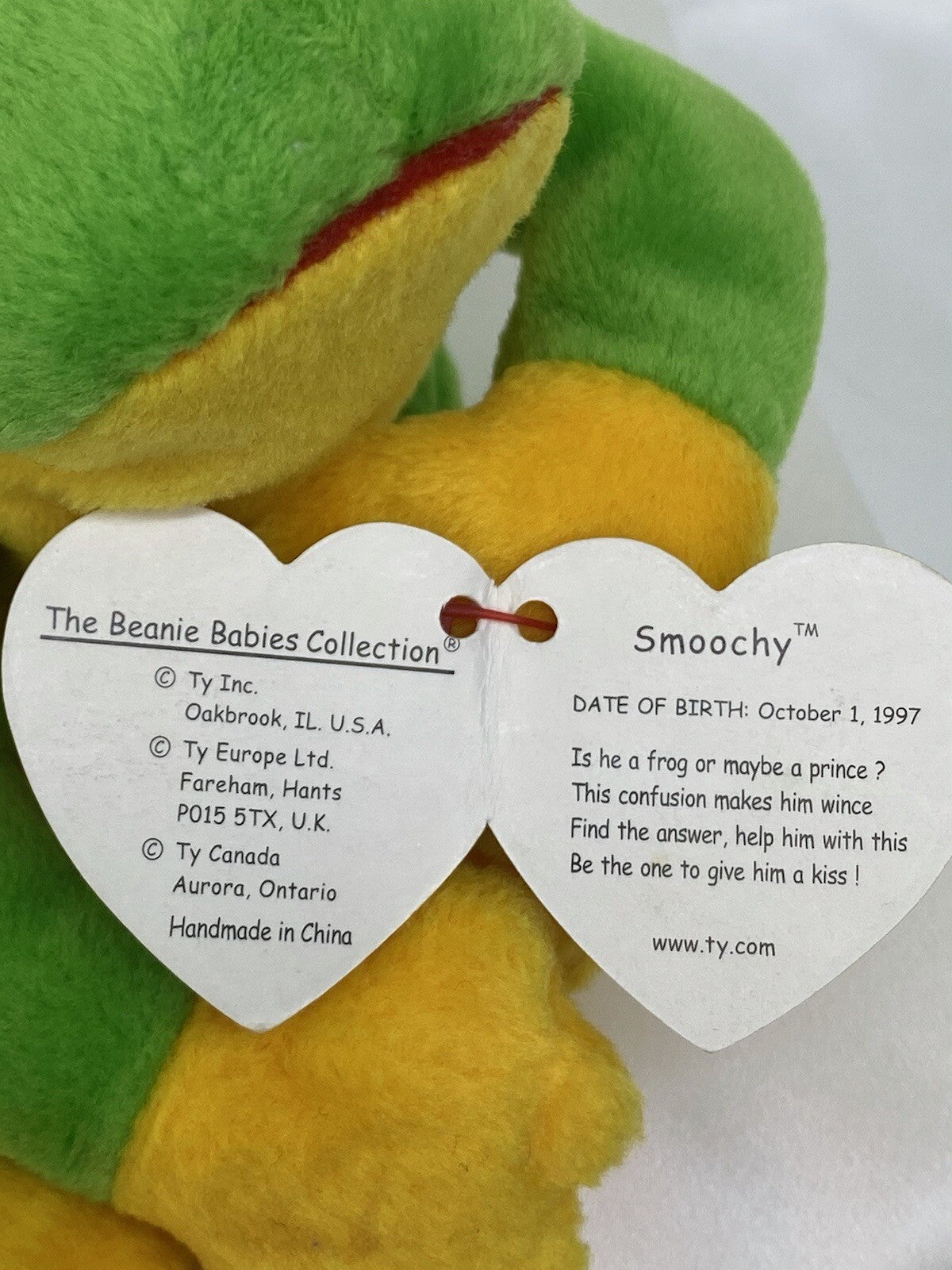 Rare Retired Ty Beanie Baby Smoochy The Frog 1997 P.E. Pellets With Errors