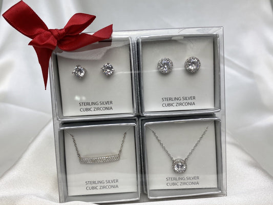 Macys Cubic Zirconia Sterling Silver 925 Jewelry Set Earrings Pendant Necklace