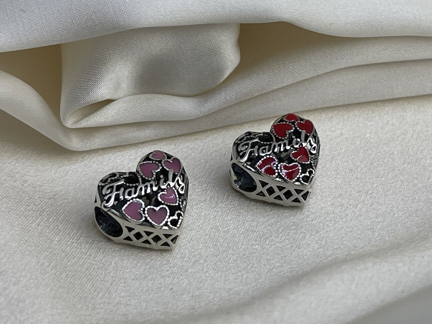 Sterling Silver 925 Love Red & Pink Color Changing Enamel Hearts Family Necklace