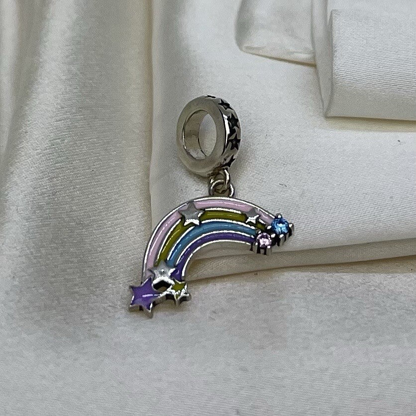 Sterling Silver 925 Cute Enamel Rainbow Stars Pink Blue CZ Stones Dangle Charm