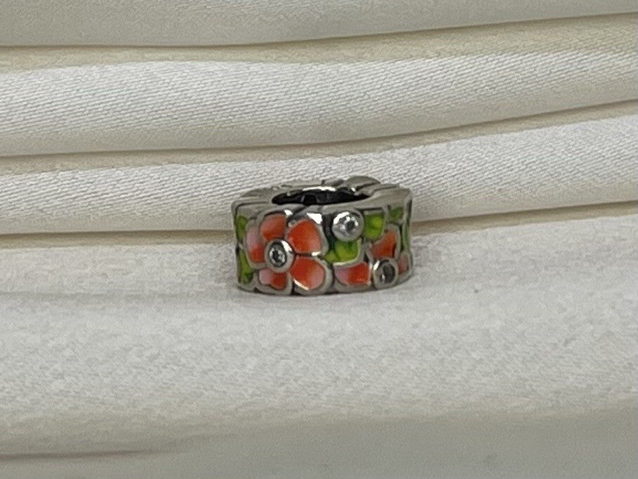 Sterling Silver 925 Enamel Pink Flower Plant with Cubic Zirconia Charm