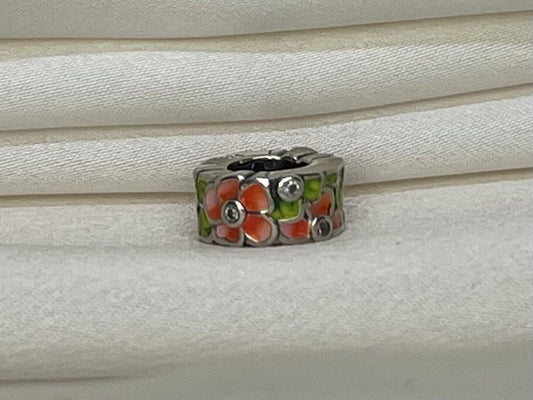 Sterling Silver 925 Enamel Pink Flower Plant with Cubic Zirconia Charm