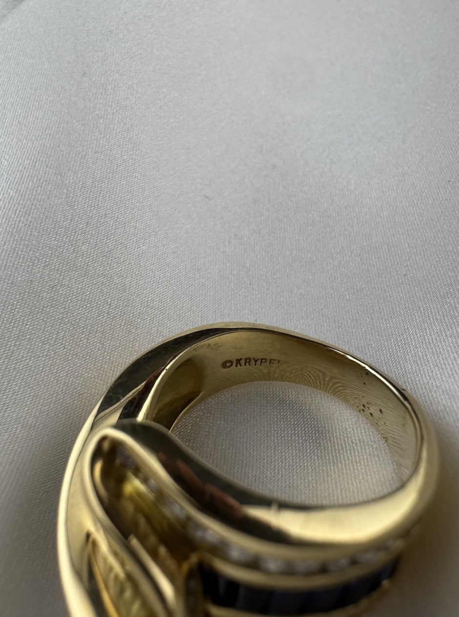 Charles Krypell 18K Yellow Gold Sapphire & Diamond Ribbon Crossover Ring 13.4G