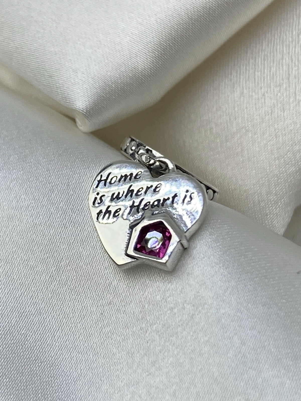 Pandora Sparkling Sterling Silver Pink Crystal Love My Home Heart Dangle Charm