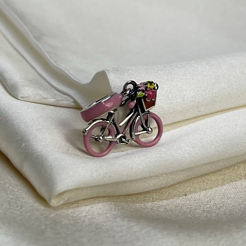 Sterling Silver 925 Enamel Pink Bicycle with Basket & Flowers Dangle Charm Bike