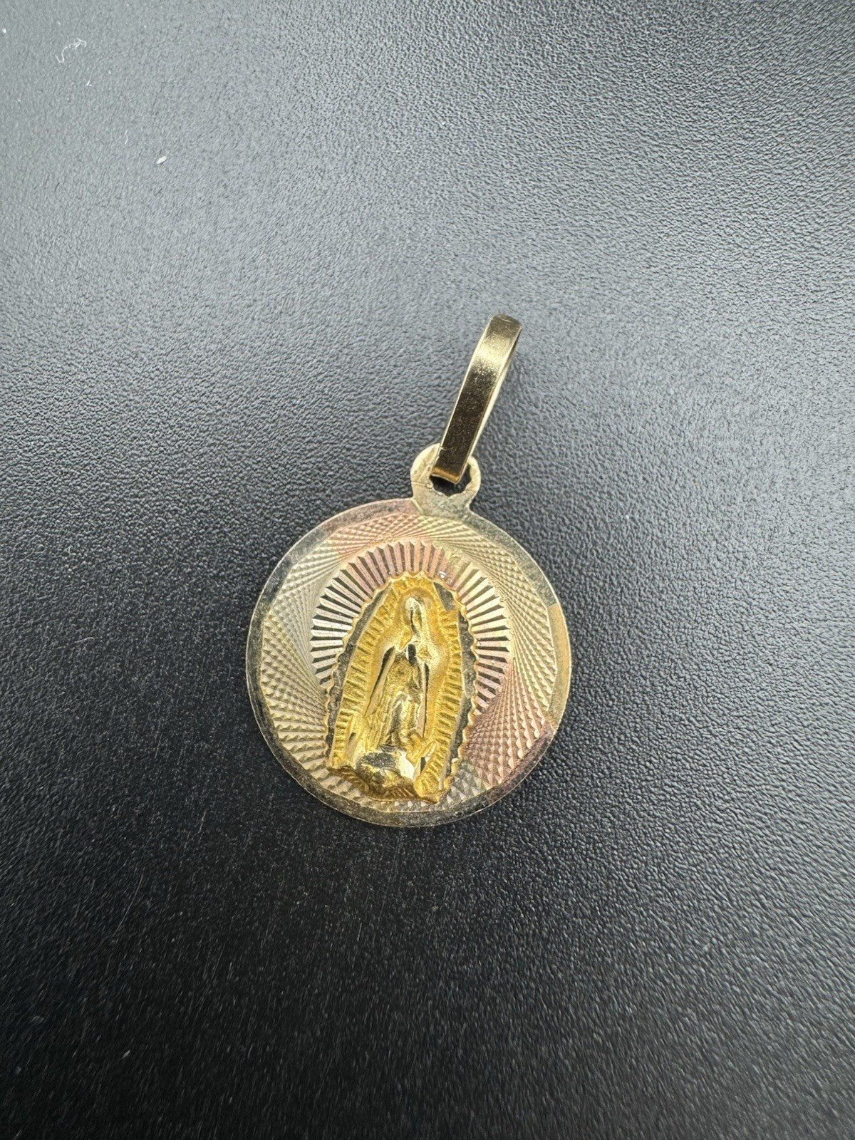 Gold Virgin Mary Guadalupe 14K Tri Gold Round Pendant Charm – 16mm, 1.8 Grams