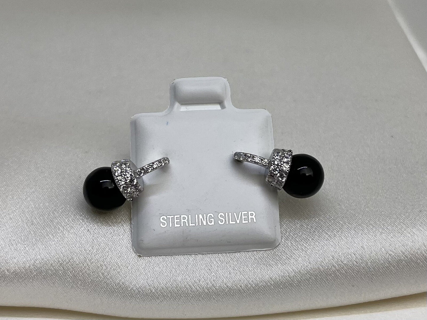 New Sterling Silver 925 7x15mm Black Onyx Dangle Earrings with Cubic Zirconia