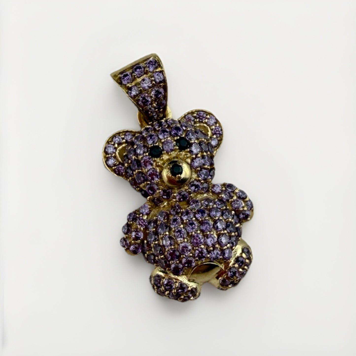 14K Gold Teddy Bear Pendant Purple Simulated Diamond Black Eyes 4.7 Gram 16x28mm