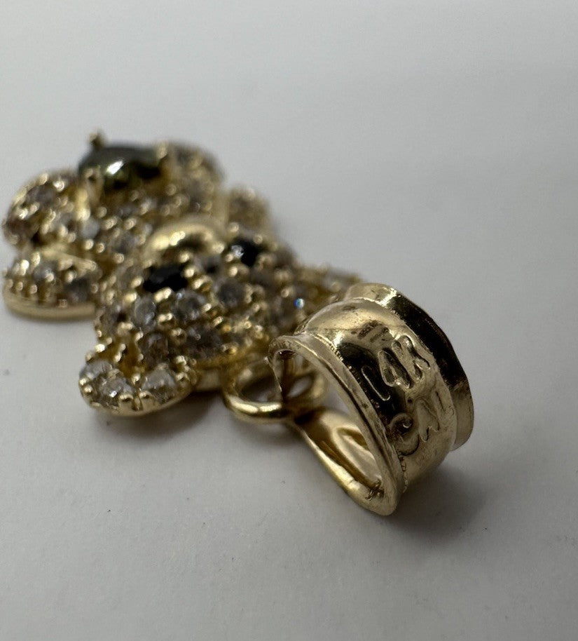 14K Gold Teddy Bear Pendant Green Sim Diamond 19.19x9.92mm 1.3G Beltran Jewelry
