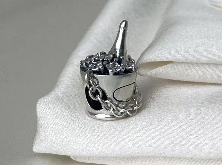 Dije de plata de ley 925 con circonita cúbica, champán en cubo de hielo, para club y bebidas