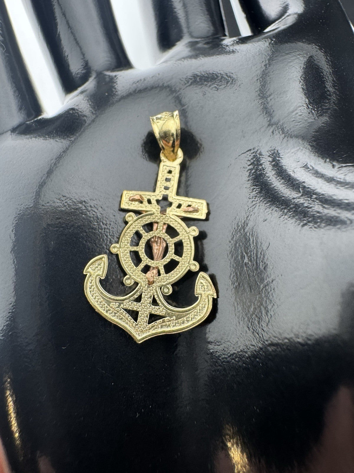 10K Tri Color Gold Jesus Cross Pendant Medium 16x29mm Diamond Cut Anchor Charm