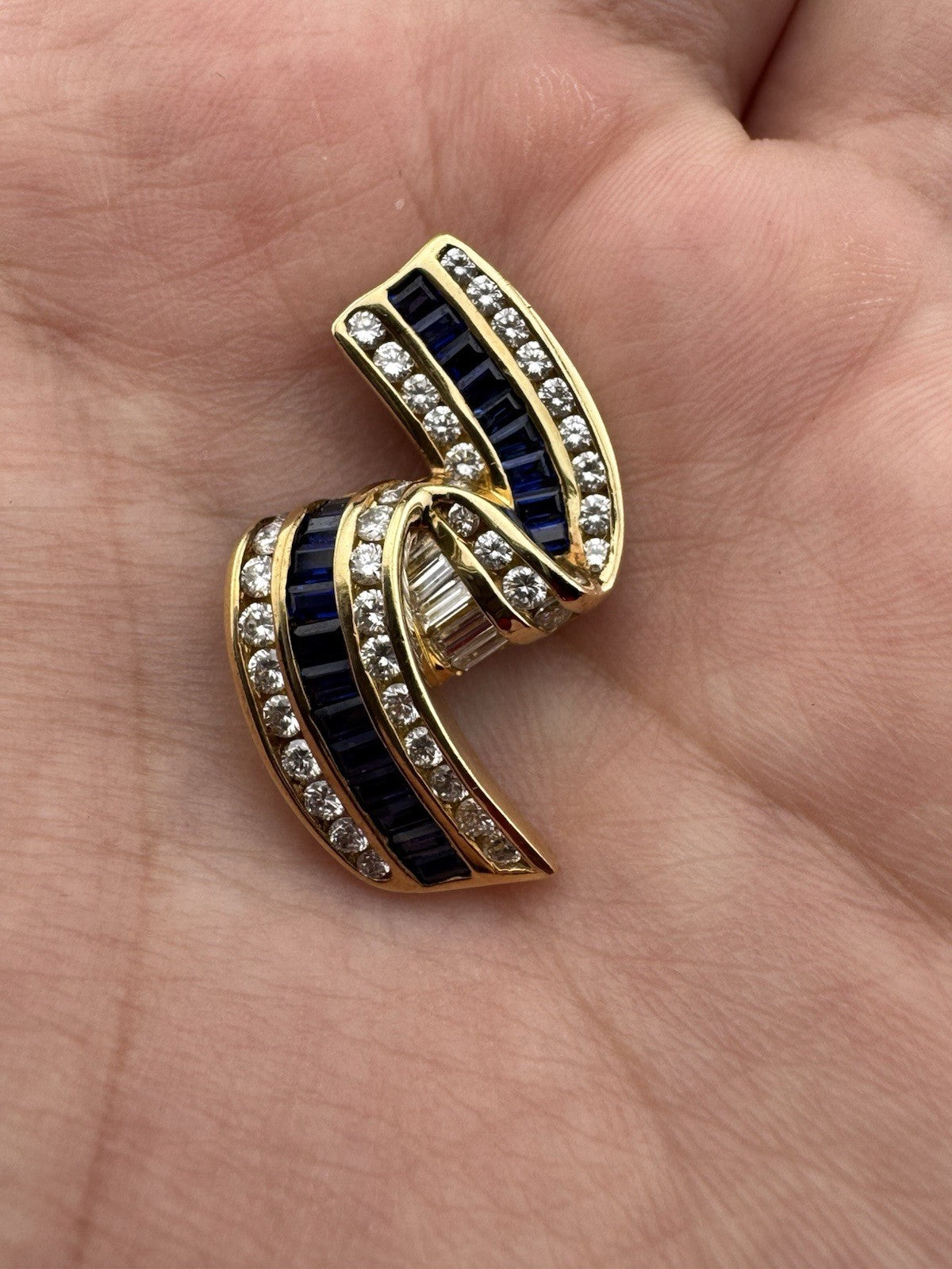 Vintage Charles Krypell 18K Yellow Gold Sapphire and Diamond Ribbon Pendant 7.7G