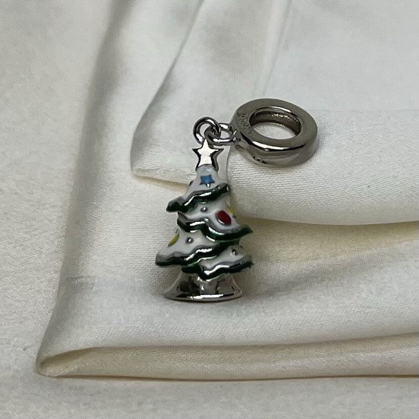 Sterling Silver 925 Enamel Christmas Tree Holiday Festive Dangle Charm