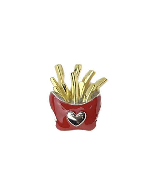 Charm de plata de ley 925 con esmalte europeo, diseño "I Heart Love French Fries" (Me encantan las patatas fritas), comida rápida