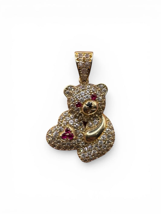 Colgante de oso de peluche de oro de 14 quilates con circonitas simuladas, charm de 27.88x17.40mm 4.2G Beltran Jewelry