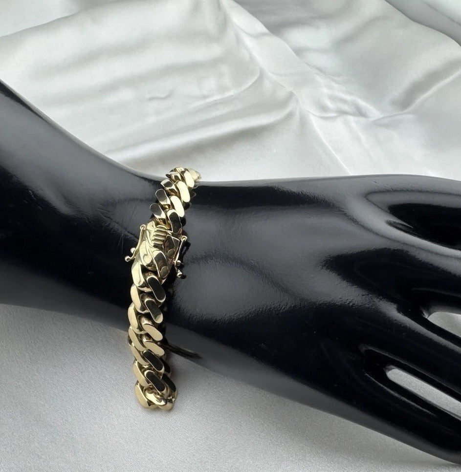 14K Gold Semi Solid Miami Cuban Link Chain Bracelet 9.76mm 8.5 Inch 19.7 Grams