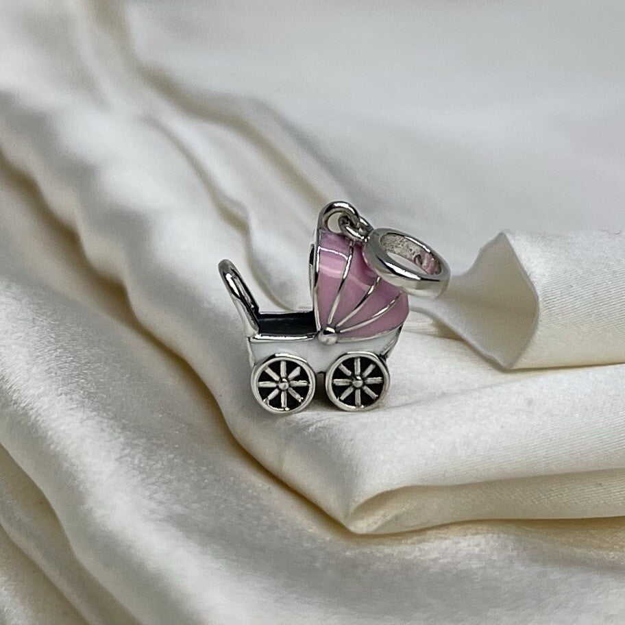 Sterling Silver 925 Cute Enamel Pink & White Baby Carriage Dangle Charm