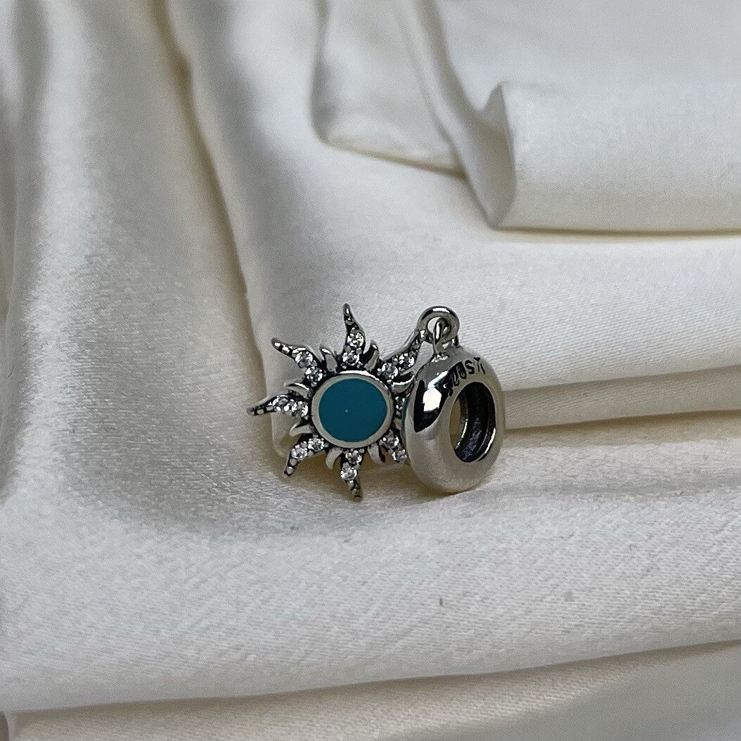 Sterling Silver 925 Enamel Turquoise Sun Star With Cubic Zirconia Dangle Charm