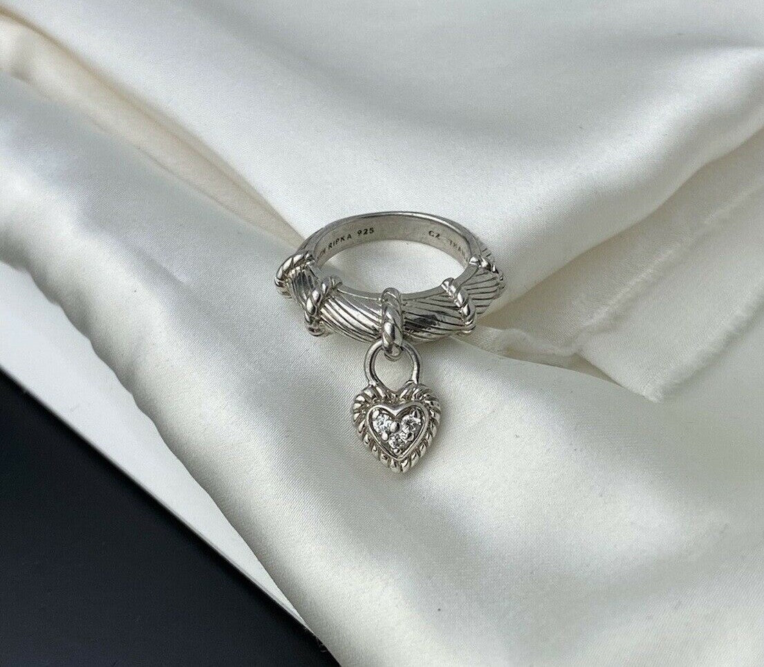 Vintage Judith Ripka Sterling Silver 925 16mm Dangling CZ Heart 6.5mm Band Ring