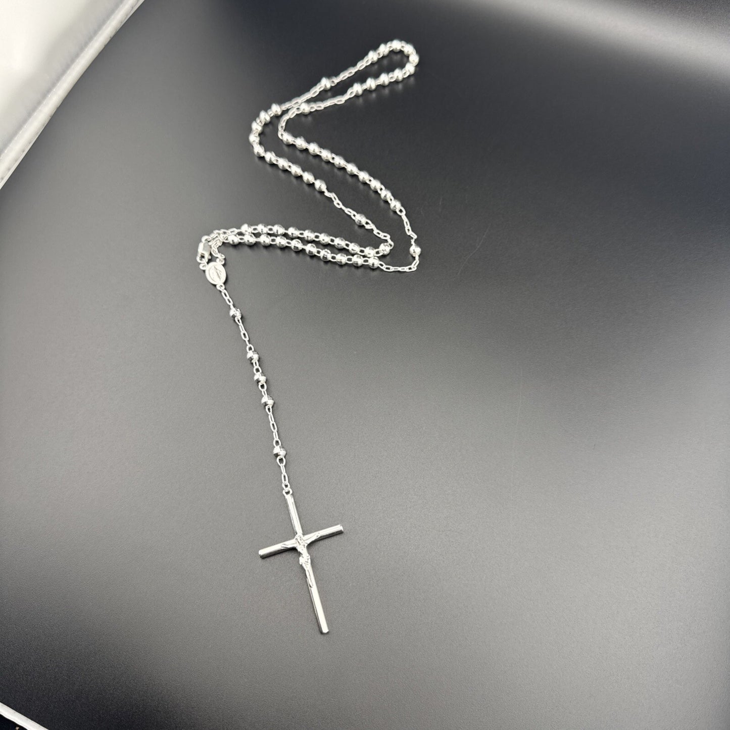 Sterling Silver 925 Rosary Necklace with Mother Mary & Jesus Cross, 24in, 20g