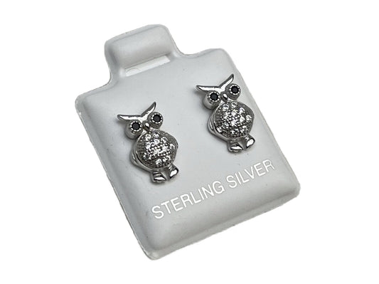 New Sterling Silver 925 7x11mm Owl Stud Earrings Two Tone Cubic Zirconia Stone🦉